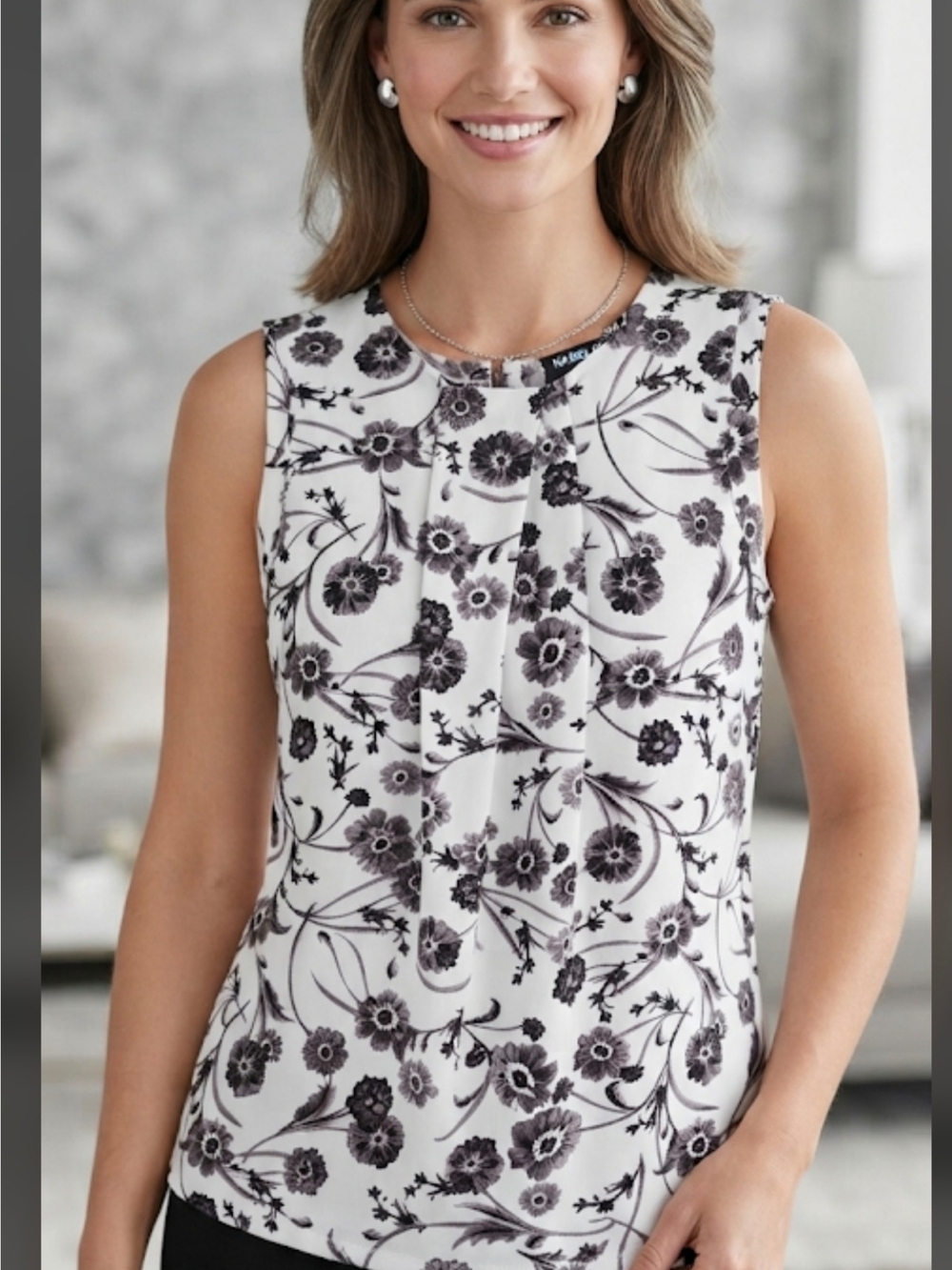 Karl Lagerfeld White Floral Sleeveless Blouse with Black Print Size Xs